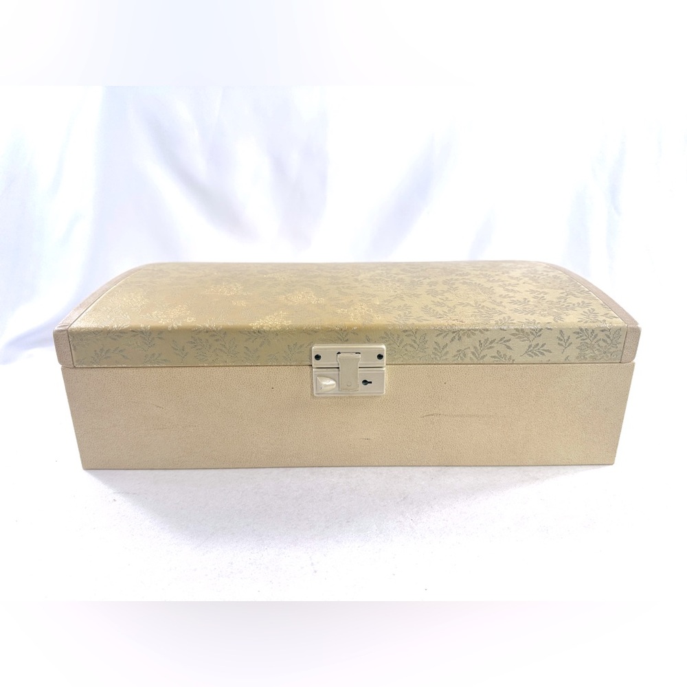 Vintage FARRINGTON 1960s Gold Floral Jumbo Jewelry Box Red Velvet 2 Tiers